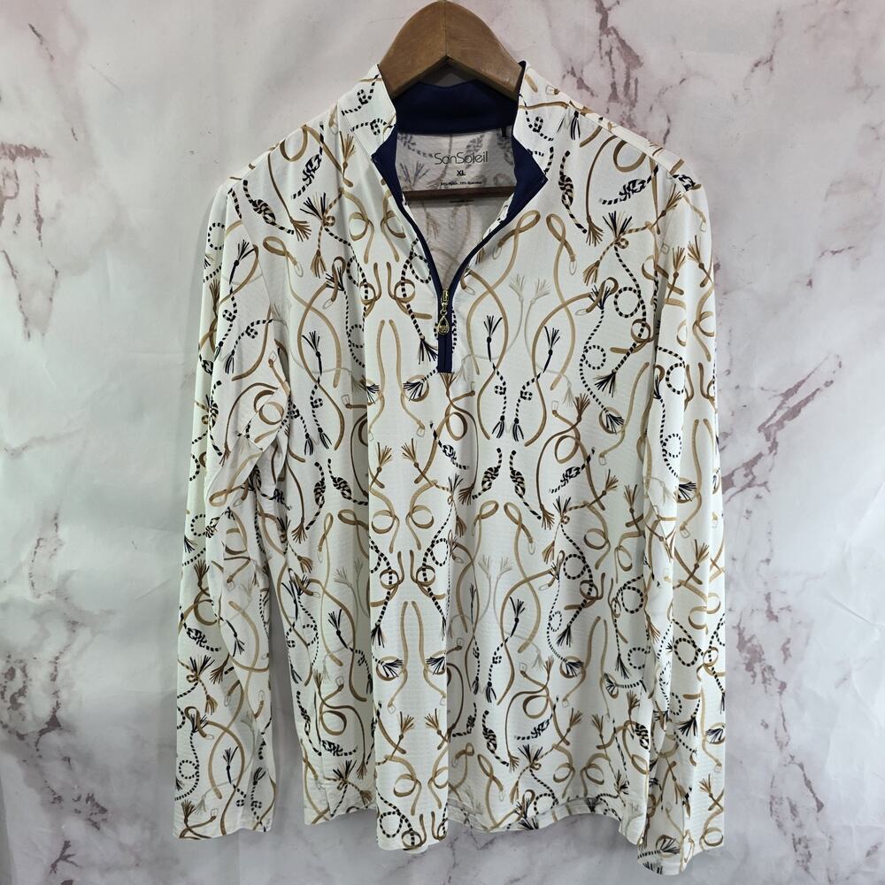 San Soliel Shirt Womens XL White Zip Sun Rope Belt Bridle Western Equestrian UV